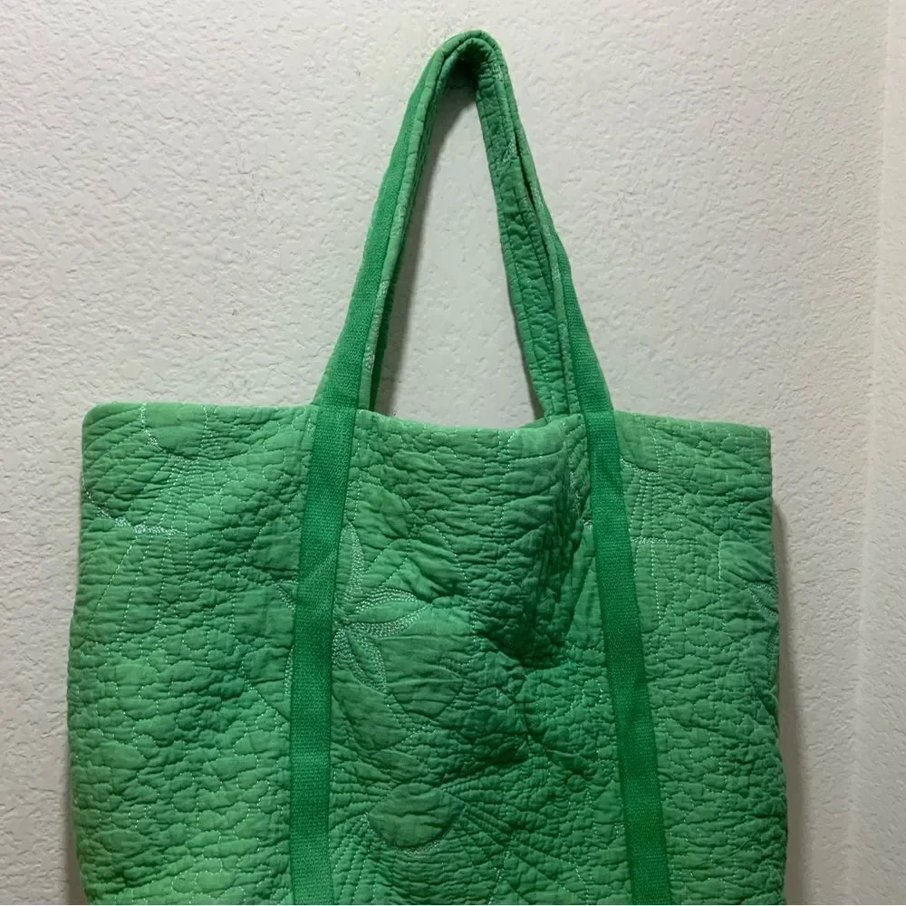 Large Quilted floral open tote bag green white stitches